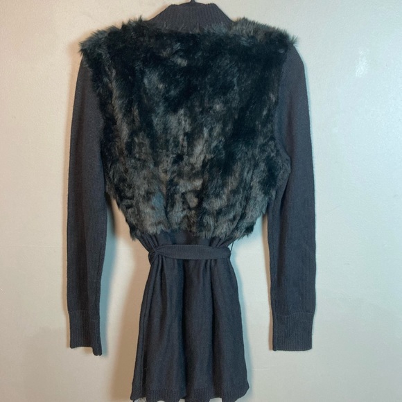 NWT T Tahari faux fur belted cardigan black wool blend large - Picture 6 of 11
